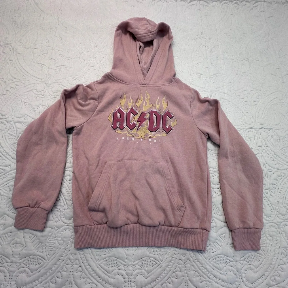 ACDC Rock & Roll Graphic Hoodie Pink Girls Size M 8 retro, nostalgic